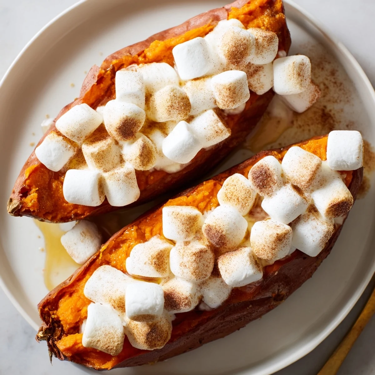 A close-up shot of gooey marshmallows on sweet potatoes, ready to be served and enjoyed.