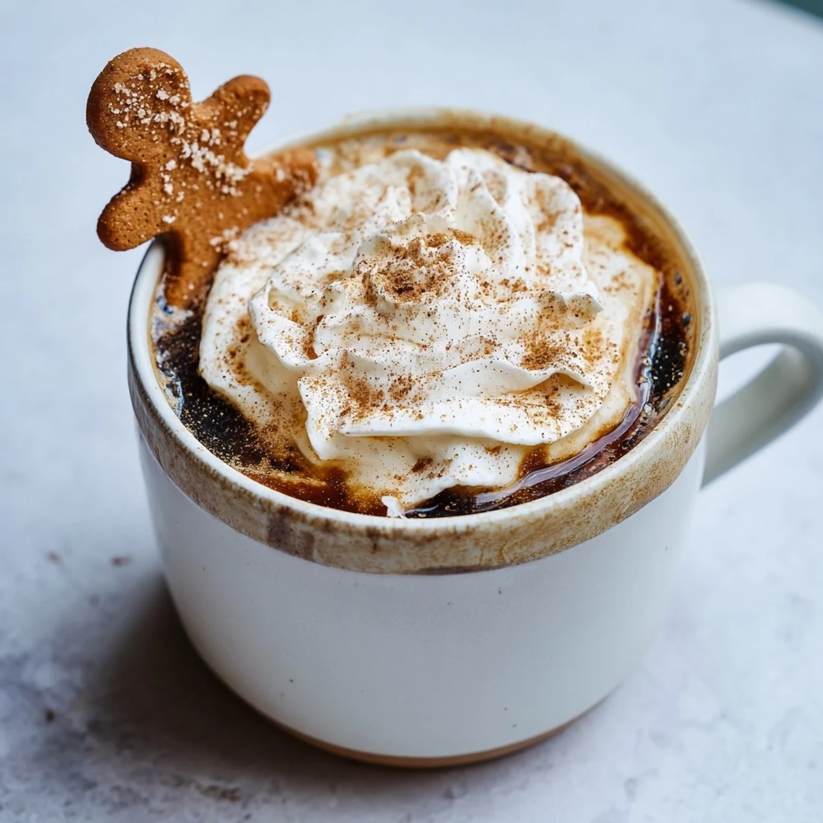 Frothy, warm Gingerbread Spiced Latte, perfect for a cold day, with a dusting of spices.
