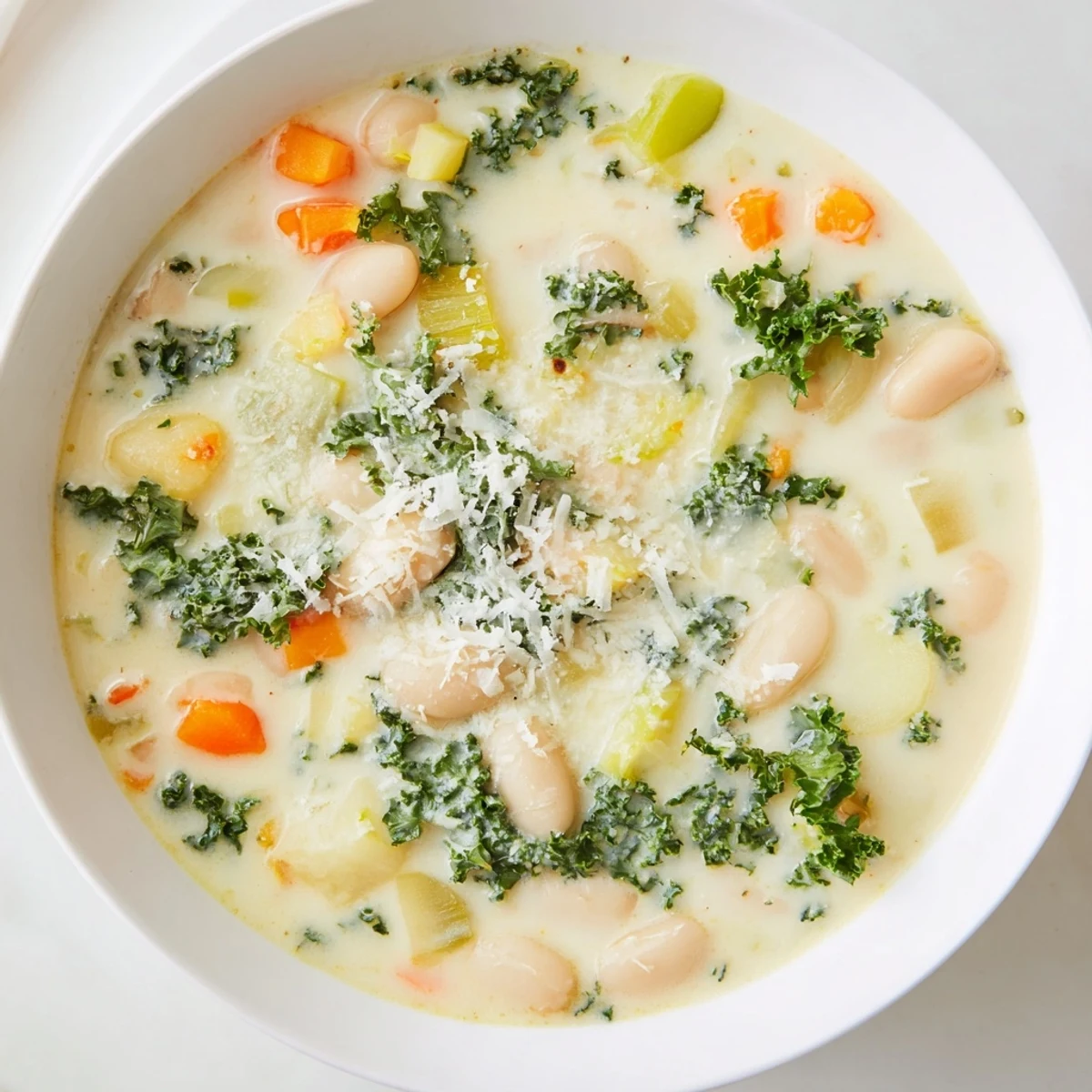 Creamy White Bean and Kale Soup with a swirl of cream, inviting you to enjoy this comforting dish.