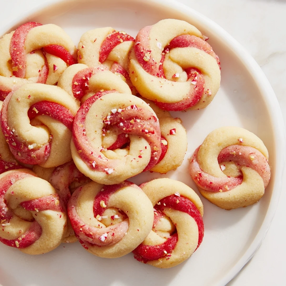 Buttery, beautifully swirled Peppermint Twist Cookies, with a dusting of crushed candy canes, will impress.