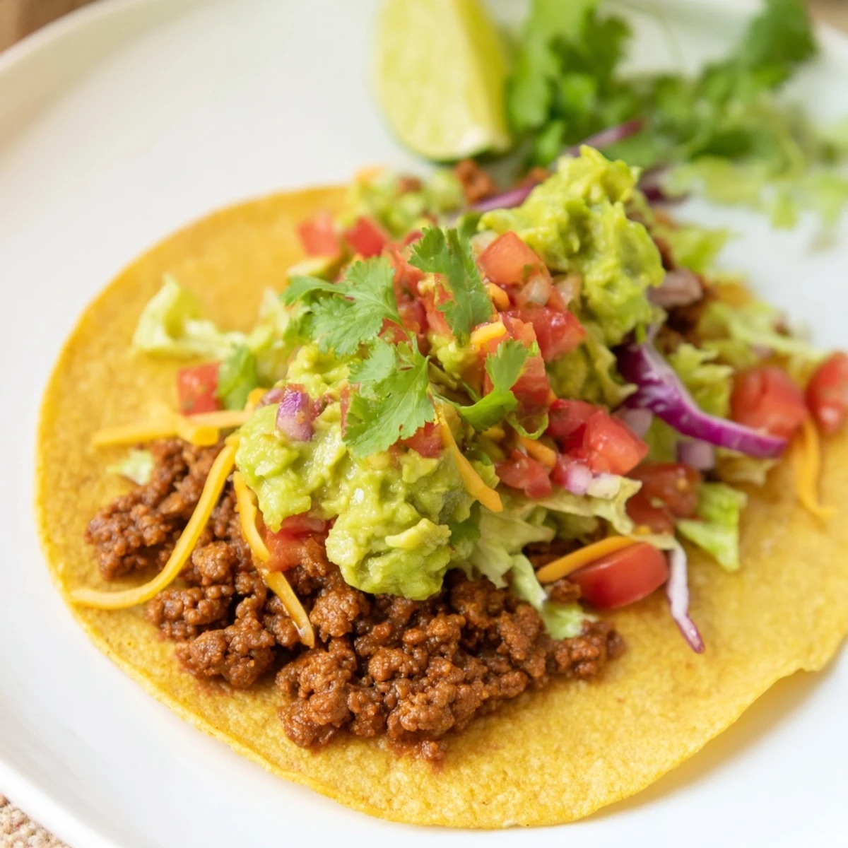 Sizzling Spicy Beef Tacos are piled high with toppings, showing off flavorful ground beef and fresh ingredients.