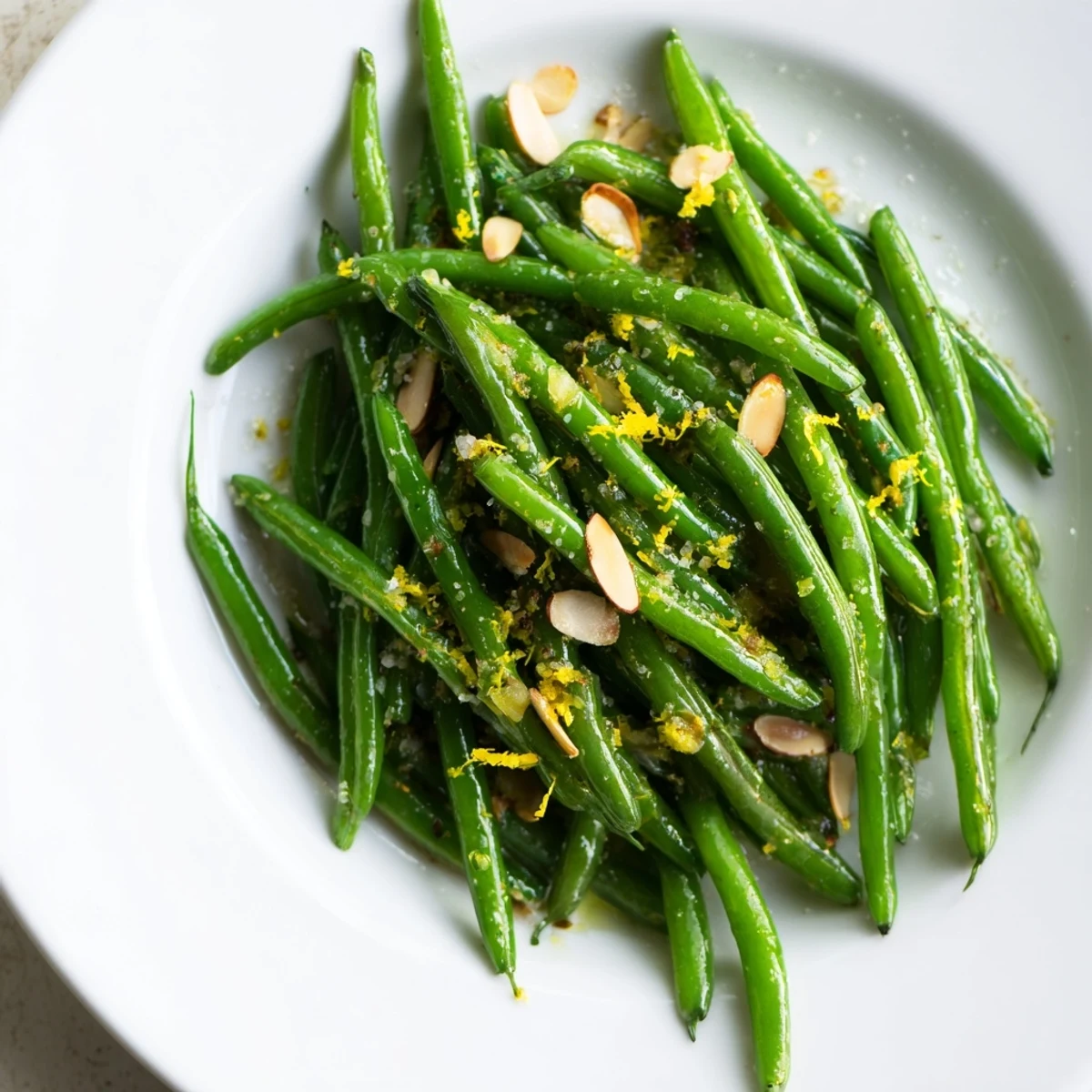 Sizzling skillet showcasing delicious Lemon Garlic Green Beans, glistening with olive oil and toasted almonds.