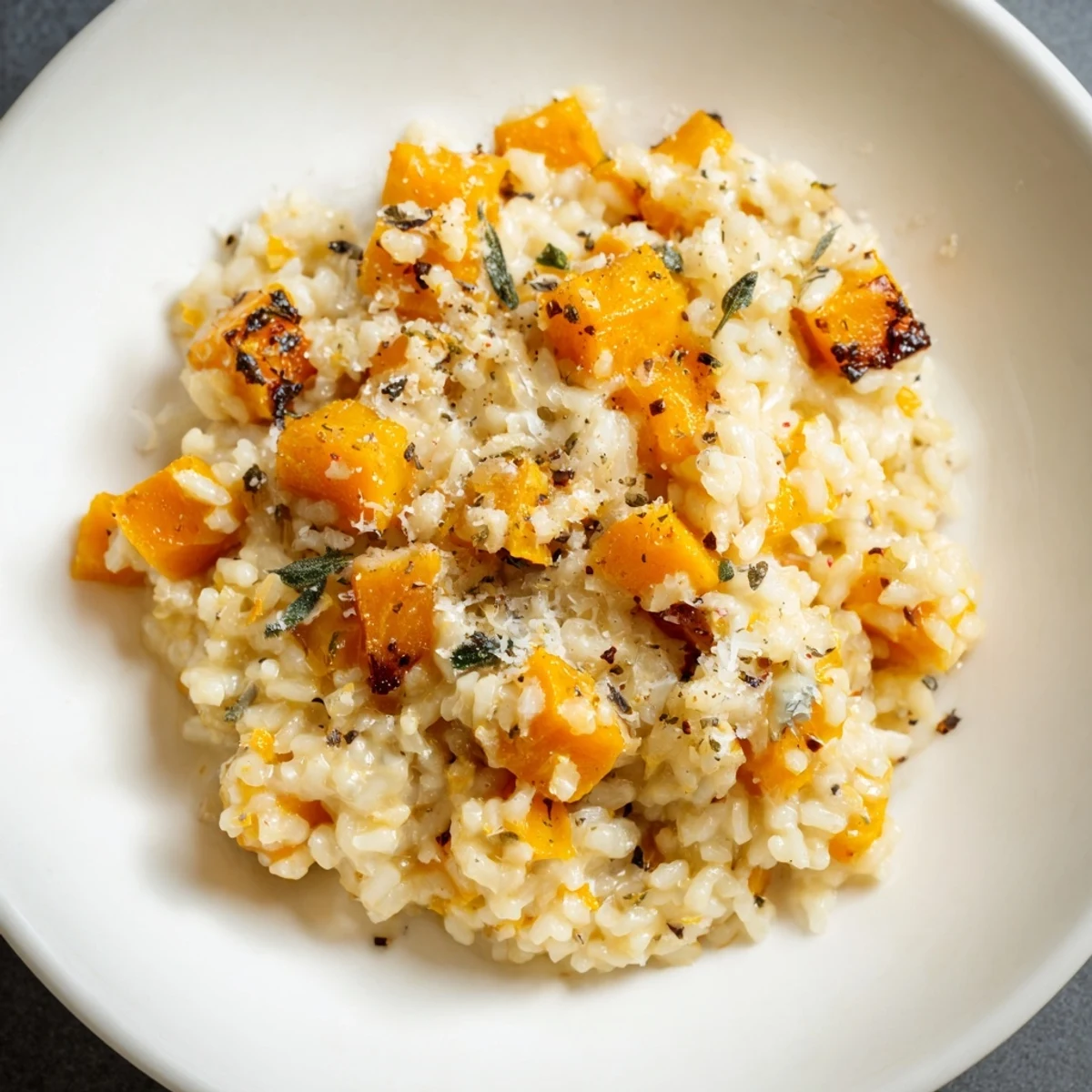 A close-up of delicious Winter Squash Risotto, revealing the Arborio rice texture and creamy sauce.