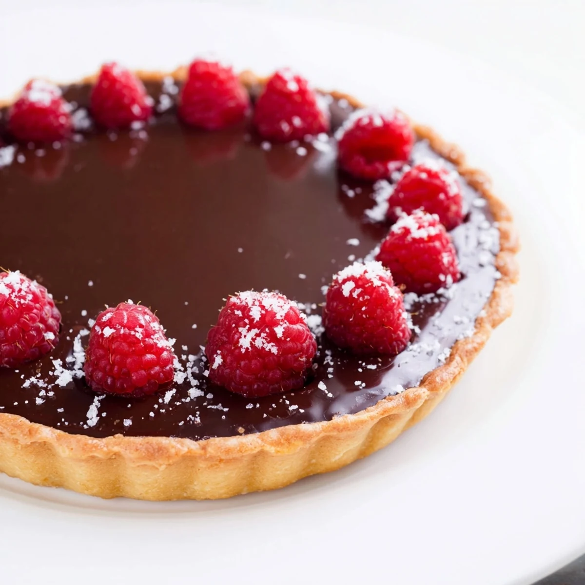 Decadent chocolate ganache tart, rich and dark, topped with fresh berries, ready to serve.