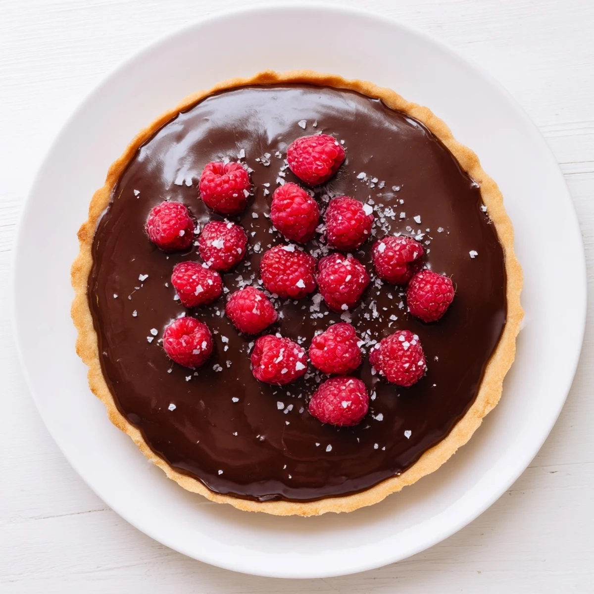 A slice of chocolate ganache tart reveals a smooth, glistening chocolate filling and buttery crust.