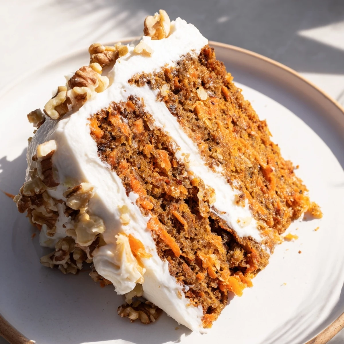 A delectable slice of Spiced Carrot Cake, featuring walnuts and a generous slather of cream cheese frosting.