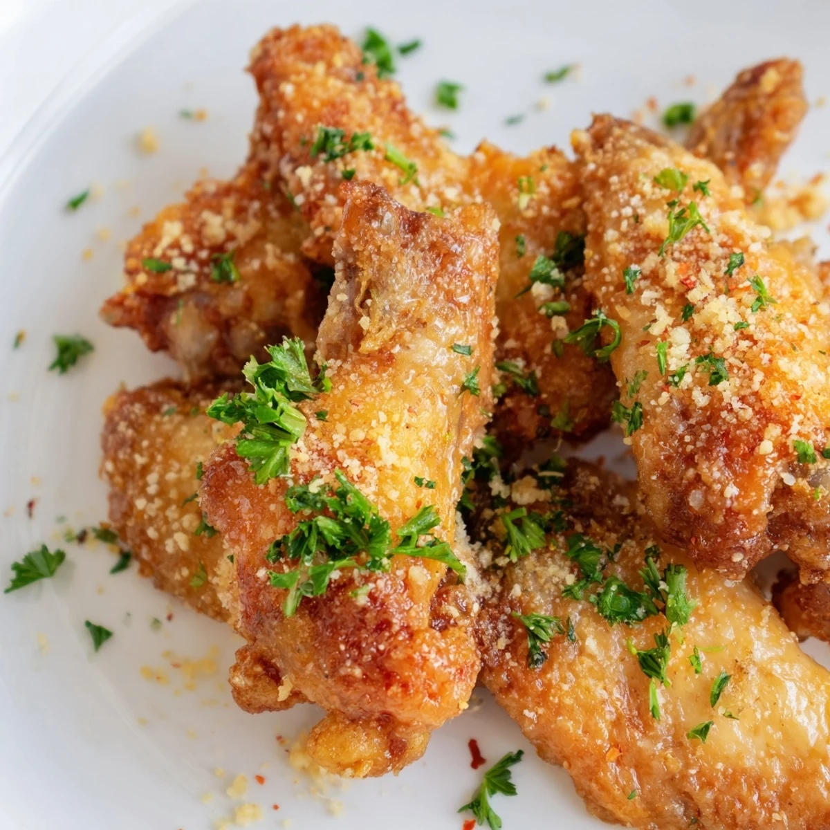 A close-up of Garlic Parmesan Chicken Wings, ready to eat, showing the bubbly, seasoned skin.