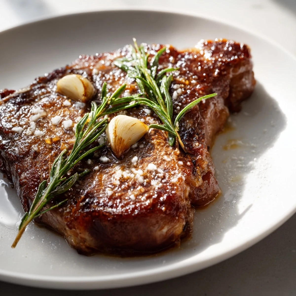 Close-up of a sizzling, herb-infused Beef Ribeye Steak, ready to enjoy with a rich, buttery glaze.