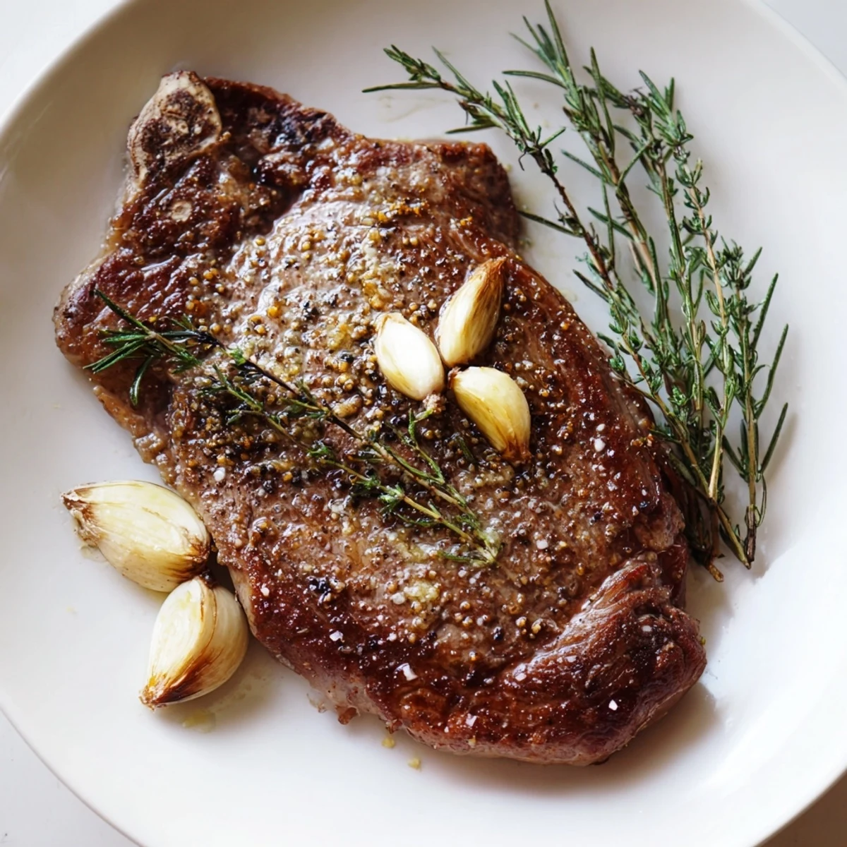 Golden-crusted Beef Ribeye Steak, beautifully pan-seared and glistening with fresh herbs and aromatics, ready to serve.