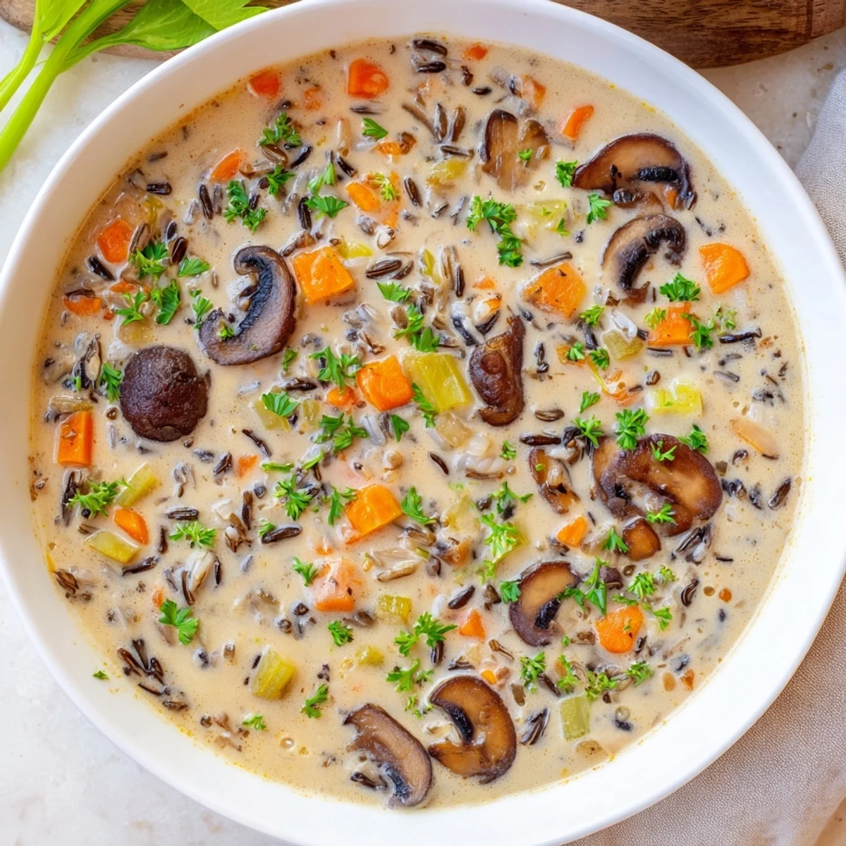 Steaming bowl of Creamy Mushroom and Wild Rice Soup, garnished with parsley and ready to eat.
