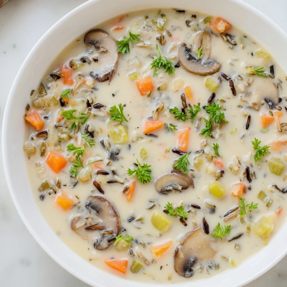 Close-up of a rich, golden Creamy Mushroom and Wild Rice Soup, a hearty vegetarian stew.