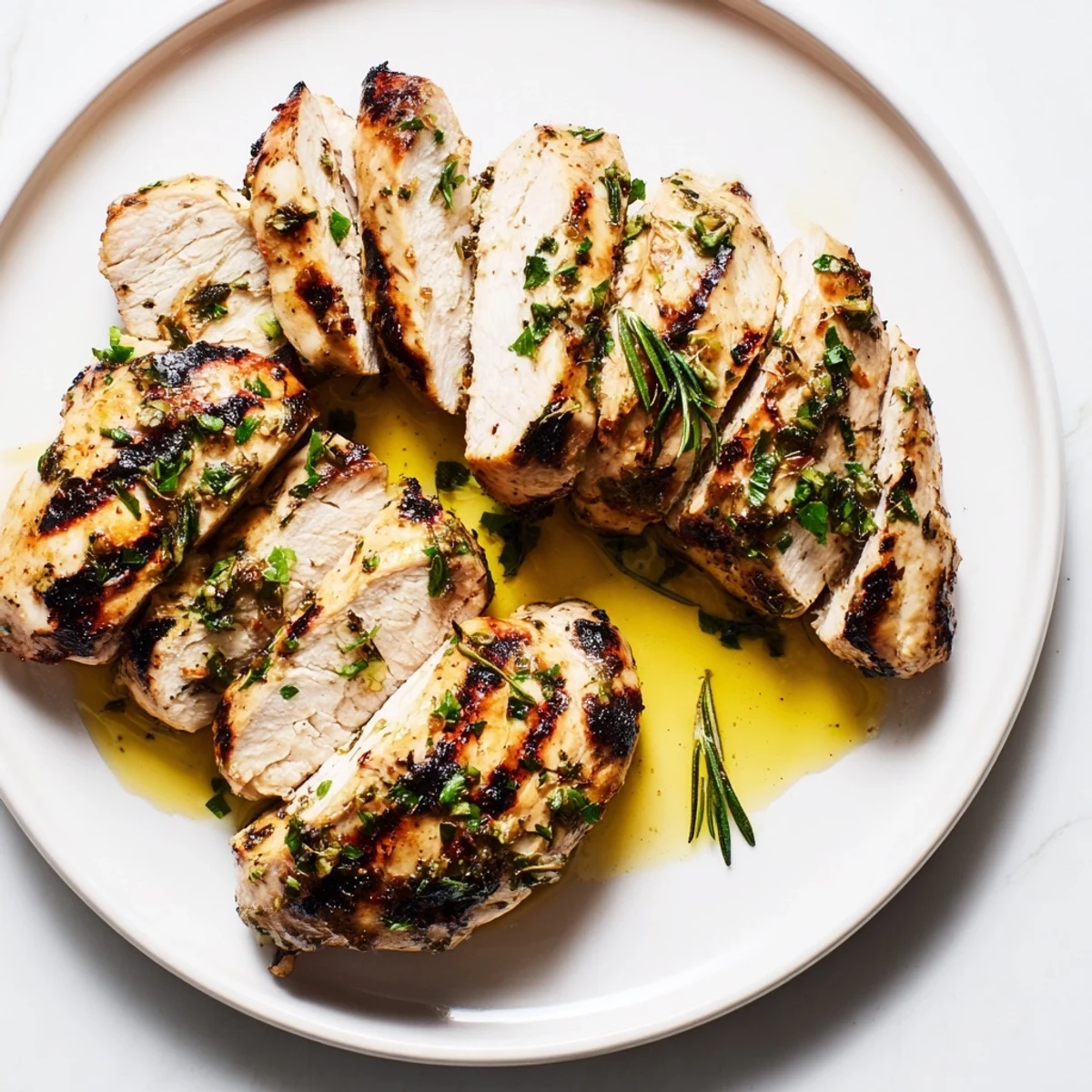 Grilled chicken breast with herbs, glistening with olive oil, ready for a delicious, healthy meal.