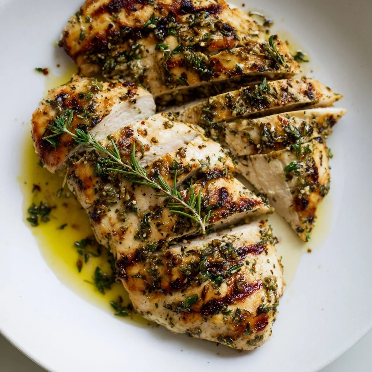 Perfectly grilled chicken breast with herbs, showing juicy, flavorful slices served with fresh vegetables.