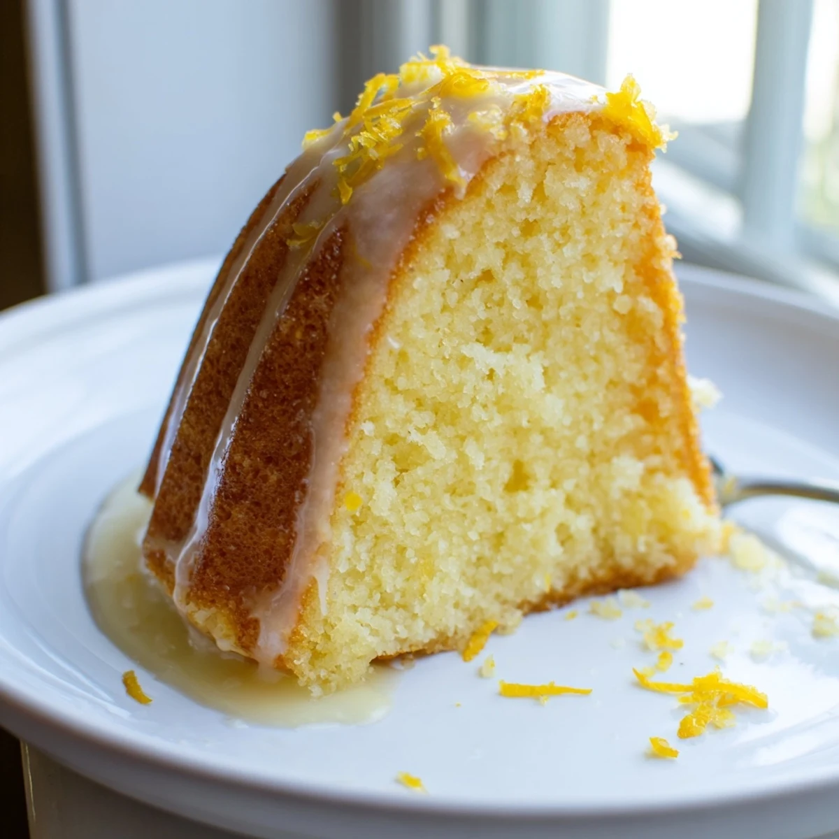 Fluffy Lemon Drizzle Bundt Cake, drizzled with sweet, tangy glaze, ready for a delicious dessert.