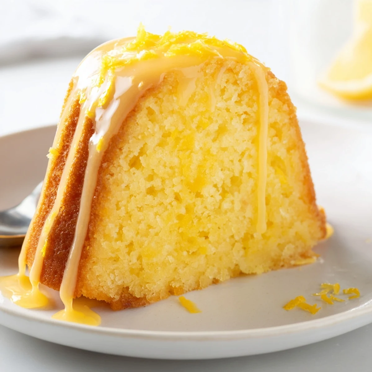 A beautiful Lemon Drizzle Bundt Cake: golden brown with lemon zest flecks, perfect for sharing at teatime.