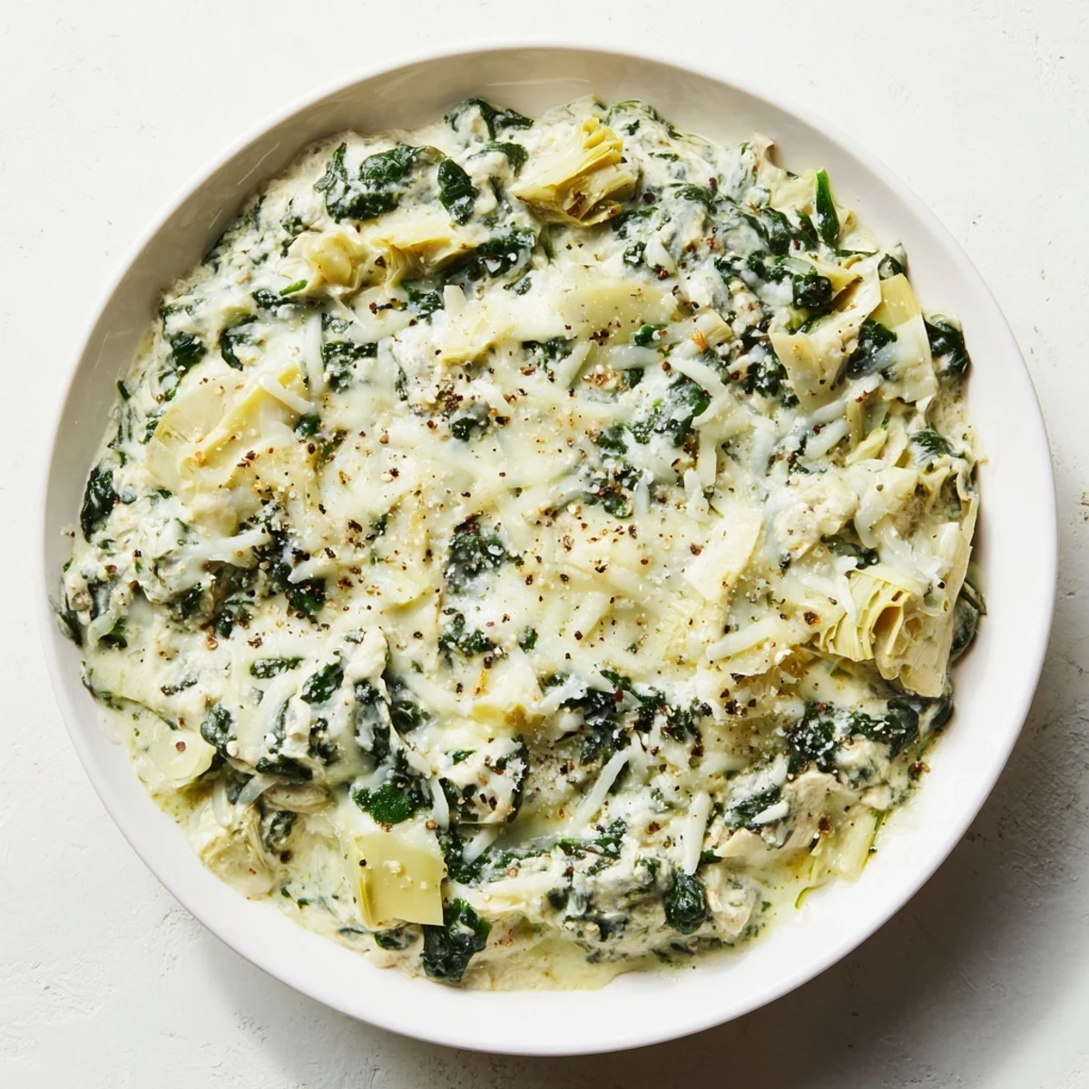 Close-up shot shows creamy texture of the savory cheesy spinach and artichoke dip with melted cheese on top.
