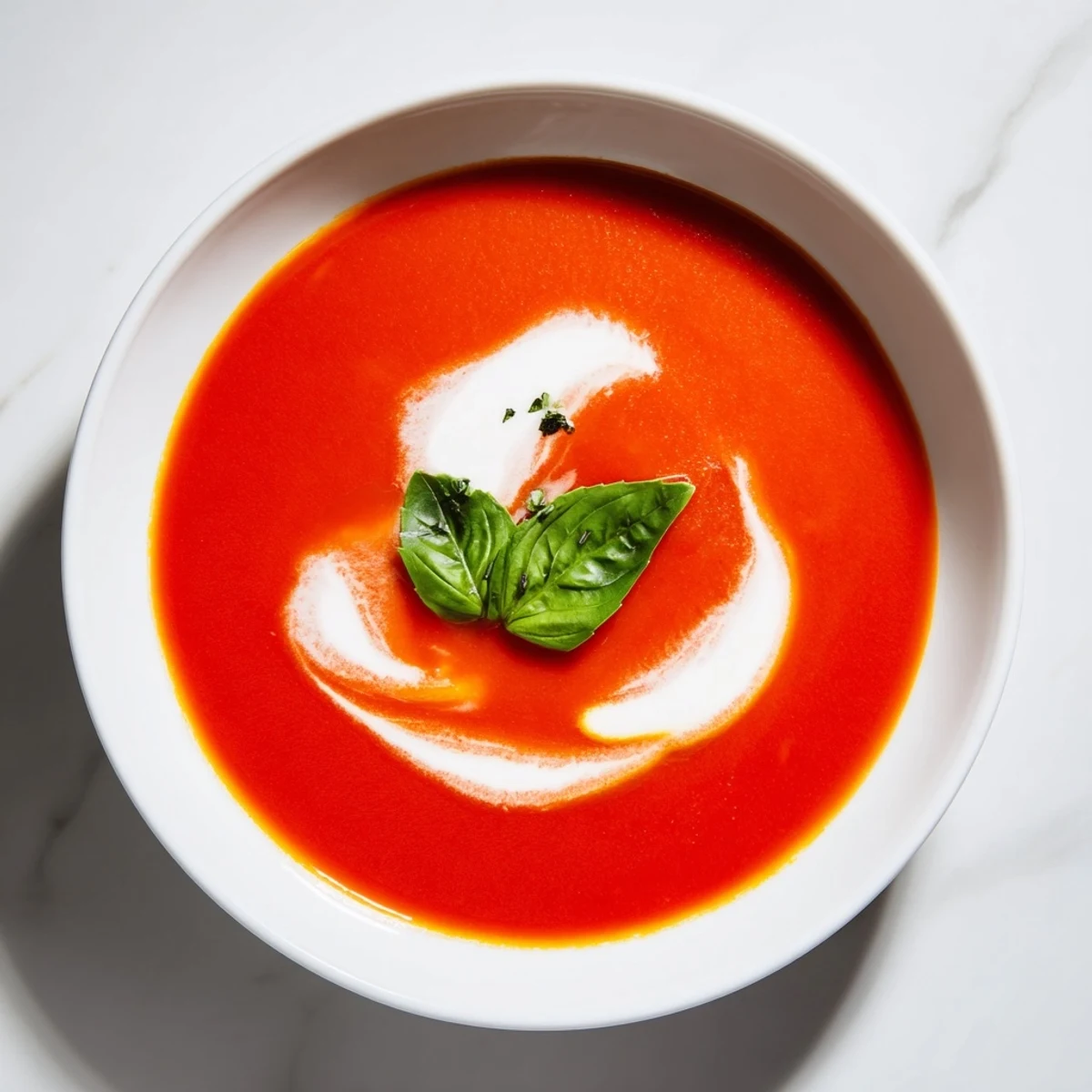 Steaming Tomato Basil Soup, garnished with fresh basil, ready for a comforting meal.