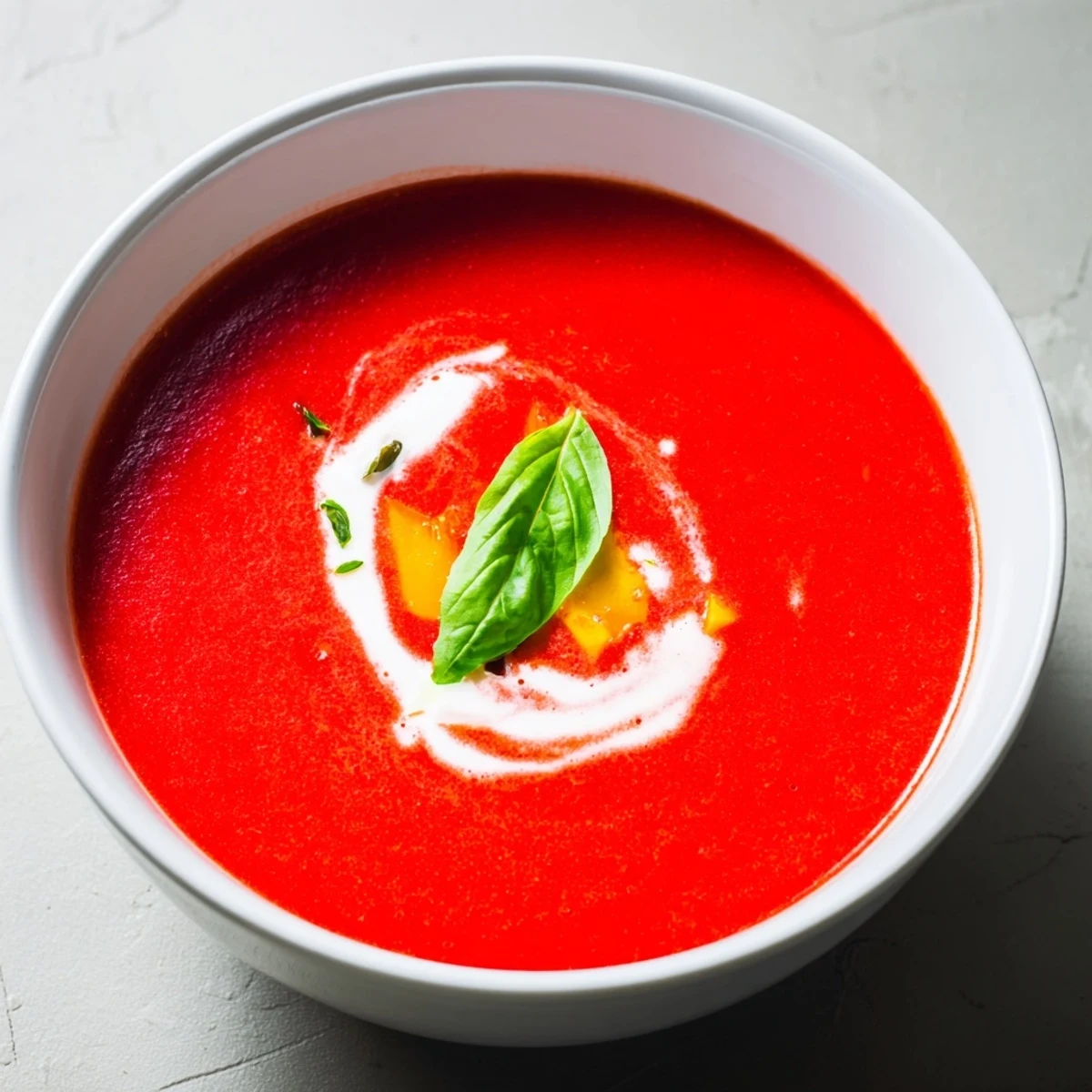 Creamy tomato basil soup in a bowl with a swirl of cream, a flavorful vegetarian delight.