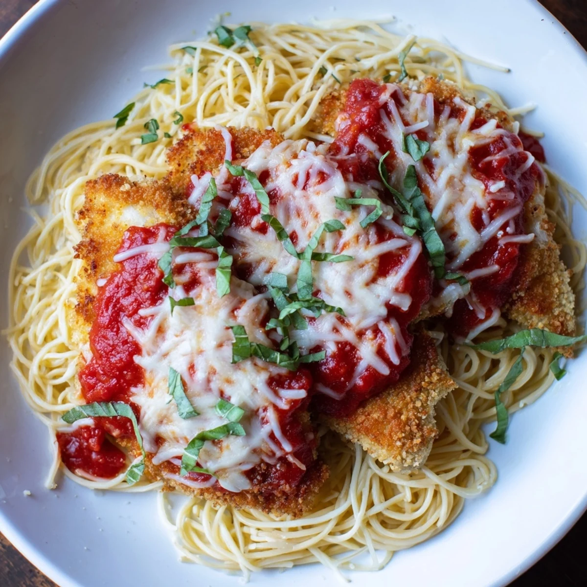 A close-up of cheesy Chicken Parmesan with basil garnish on a bed of spaghetti, delicious!