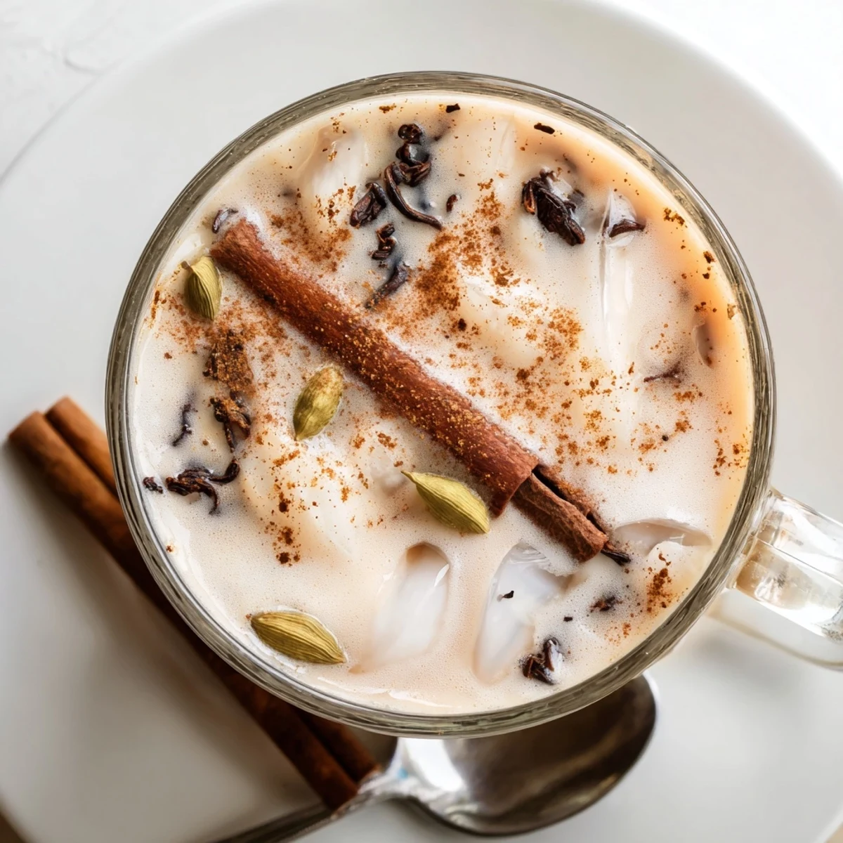 Steaming hot chai latte in a mug, showcasing the rich colors and creamy texture, a cozy drink.