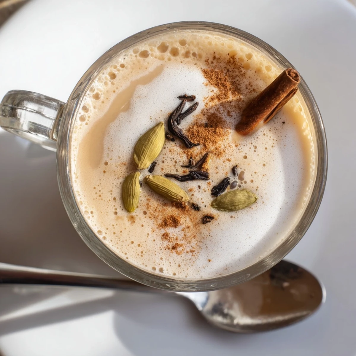 A warm spiced chai latte, offering comfort, freshly brewed with spices and a touch of sweetness.