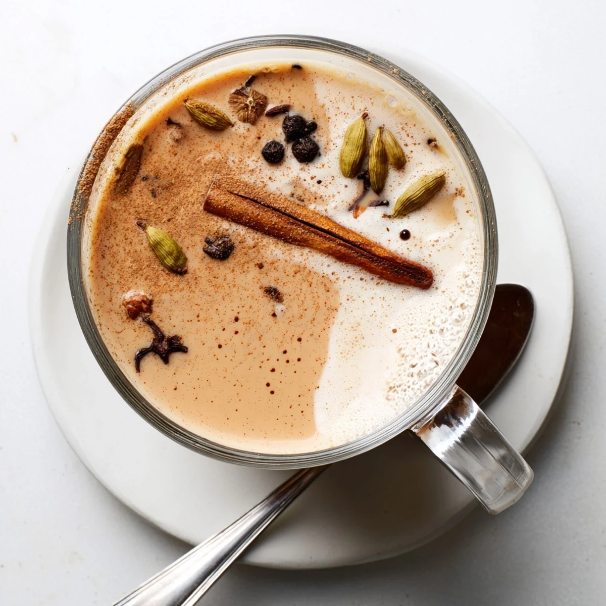 Close-up of a chai latte, showing swirls of milk and spices, perfect for a relaxing afternoon.