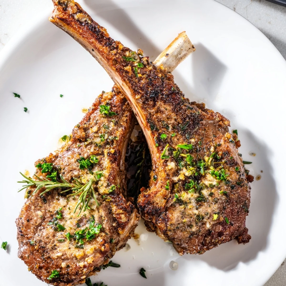 Juicy lamb chops, cooked to medium-rare, showcasing a delicious Mediterranean marinade and simple flavors.