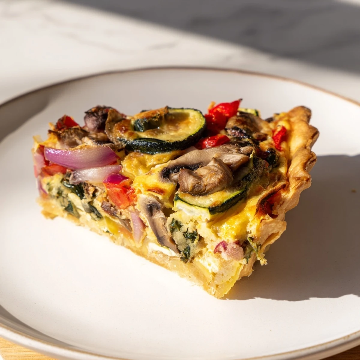 Golden-brown Vegetable Quiche with a flaky crust, showcasing varied cooked vegetables and creamy filling.