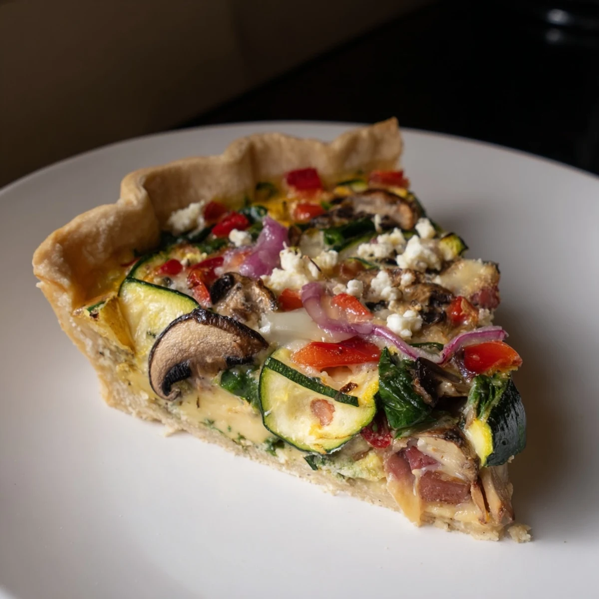 A delicious slice of Vegetable Quiche featuring a medley of savory vegetables baked in smooth custard.