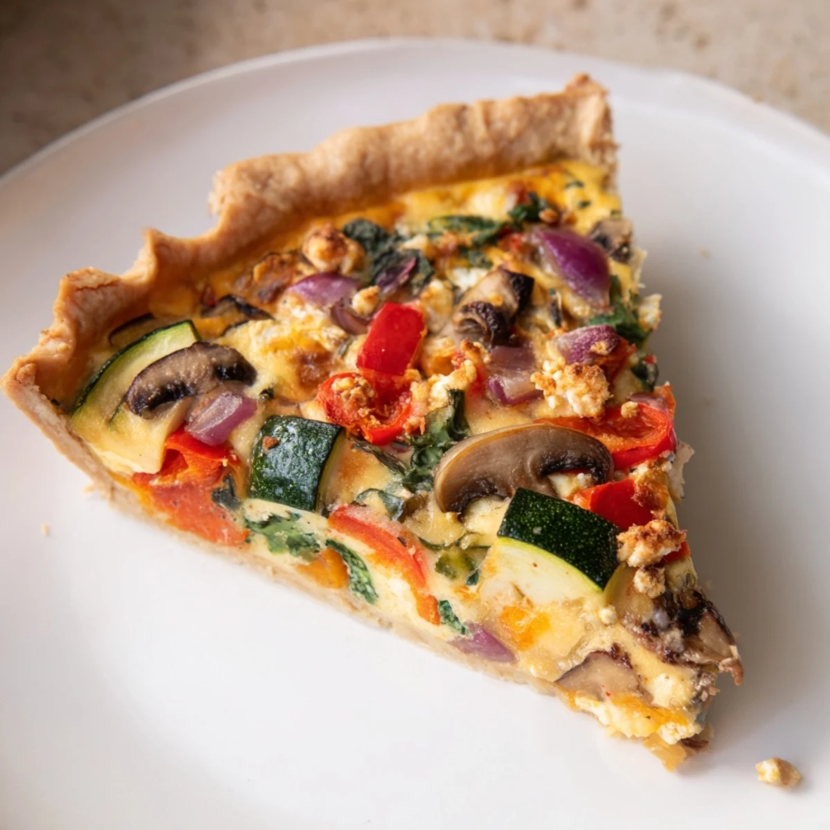 Fresh-baked Vegetable Quiche, with vibrant colorful vegetables and bubbling cheese, ready to serve.