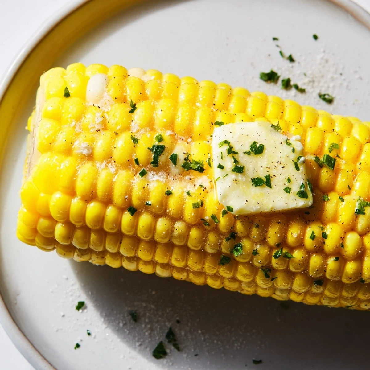 Golden-yellow Corn on the Cob ready to eat, a perfect summer side dish, dripping with melted butter.