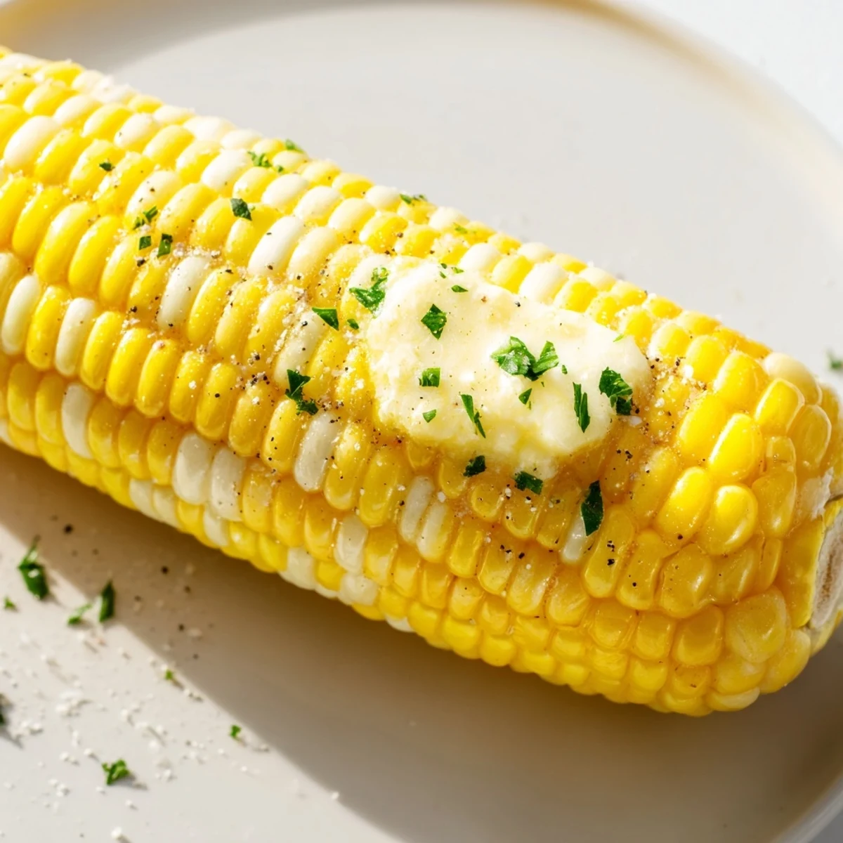 Close-up of grilled Corn on the Cob with charred kernels, a delicious vegetarian American recipe.