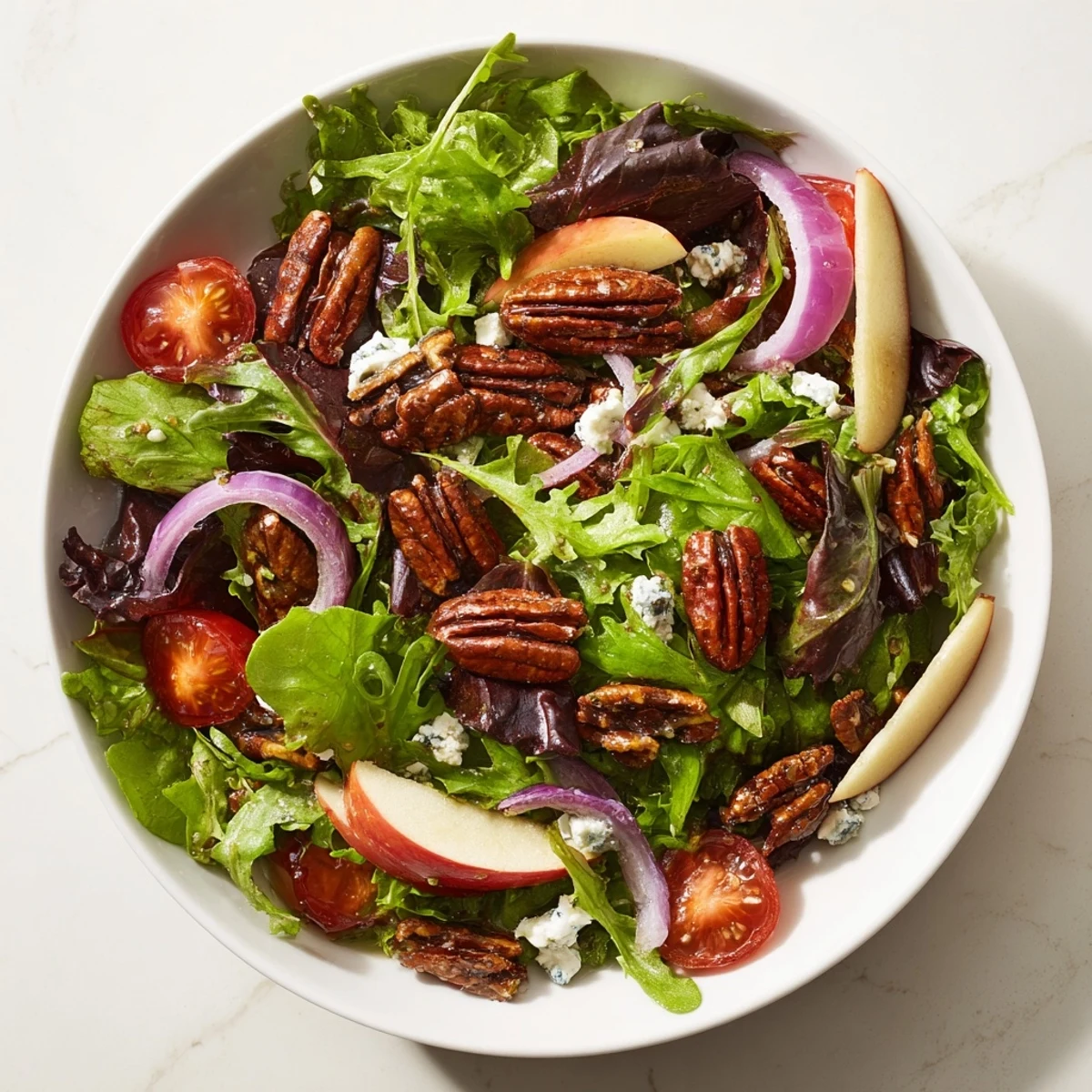 Fresh Pecan Salad tossed with tangy vinaigrette, perfect for a light vegetarian lunch option.