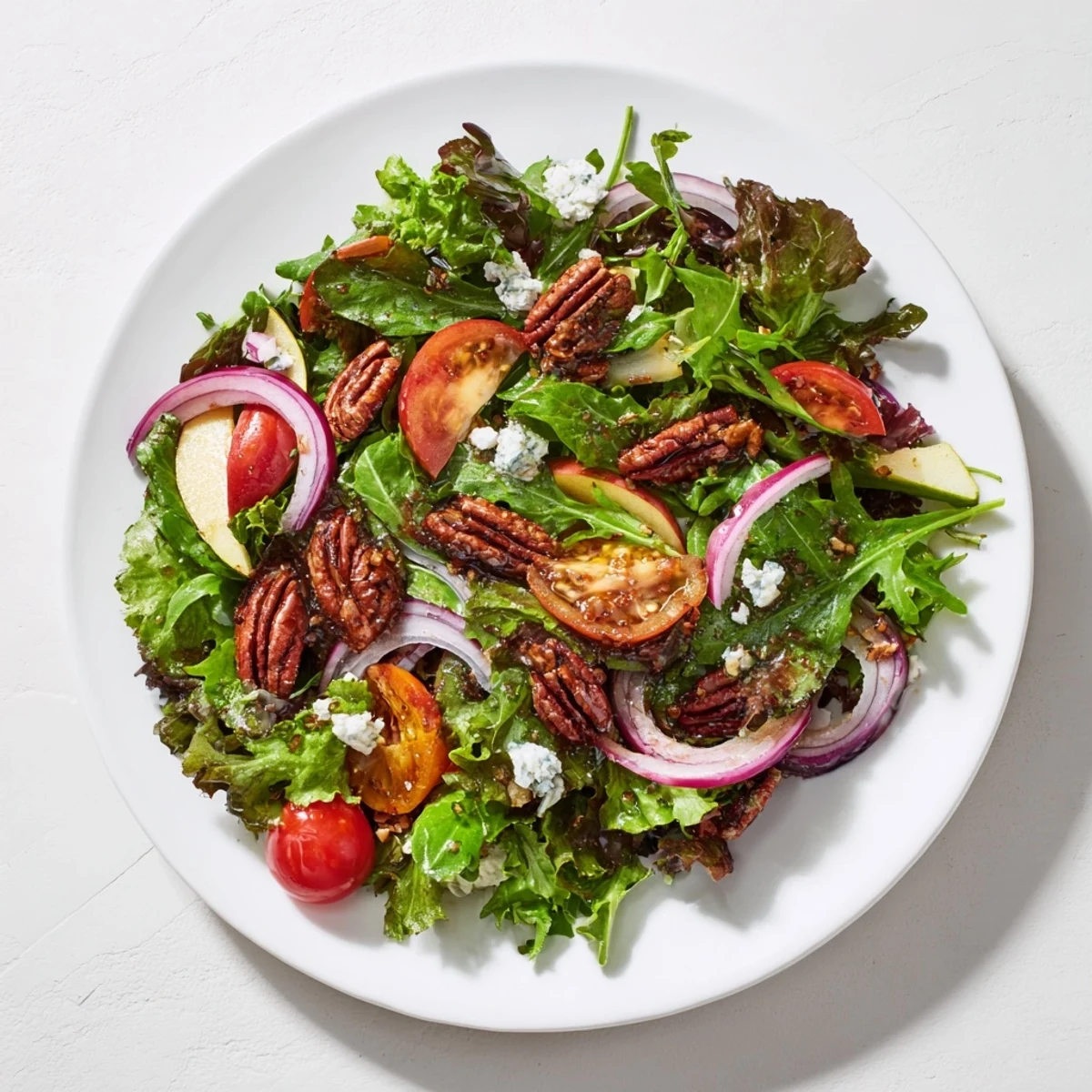 Close-up of a delicious Pecan Salad showcasing crunchy pecans, red onion, and ripe tomatoes.