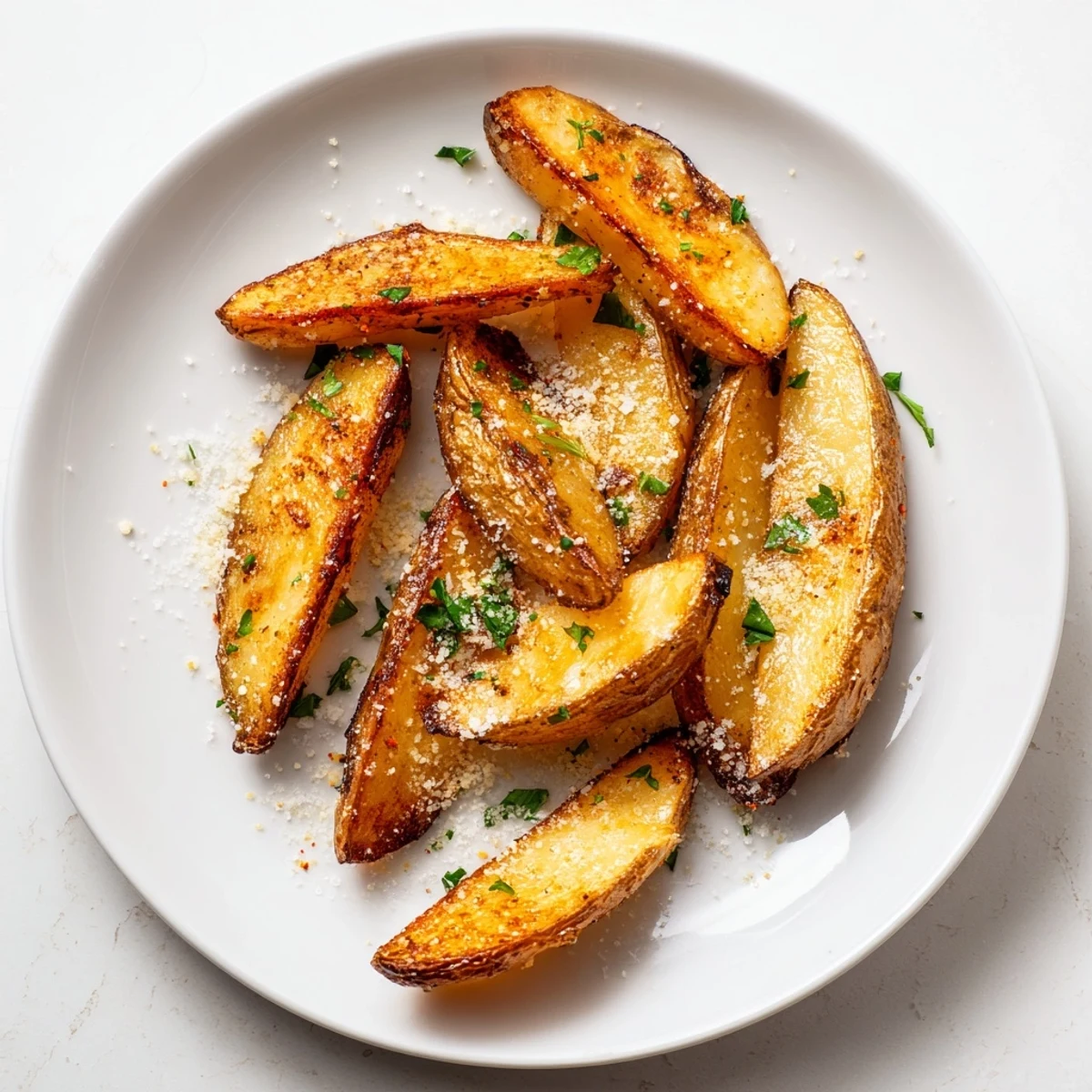 Golden-brown crispy baked potato wedges seasoned perfectly and ready to serve as a side.