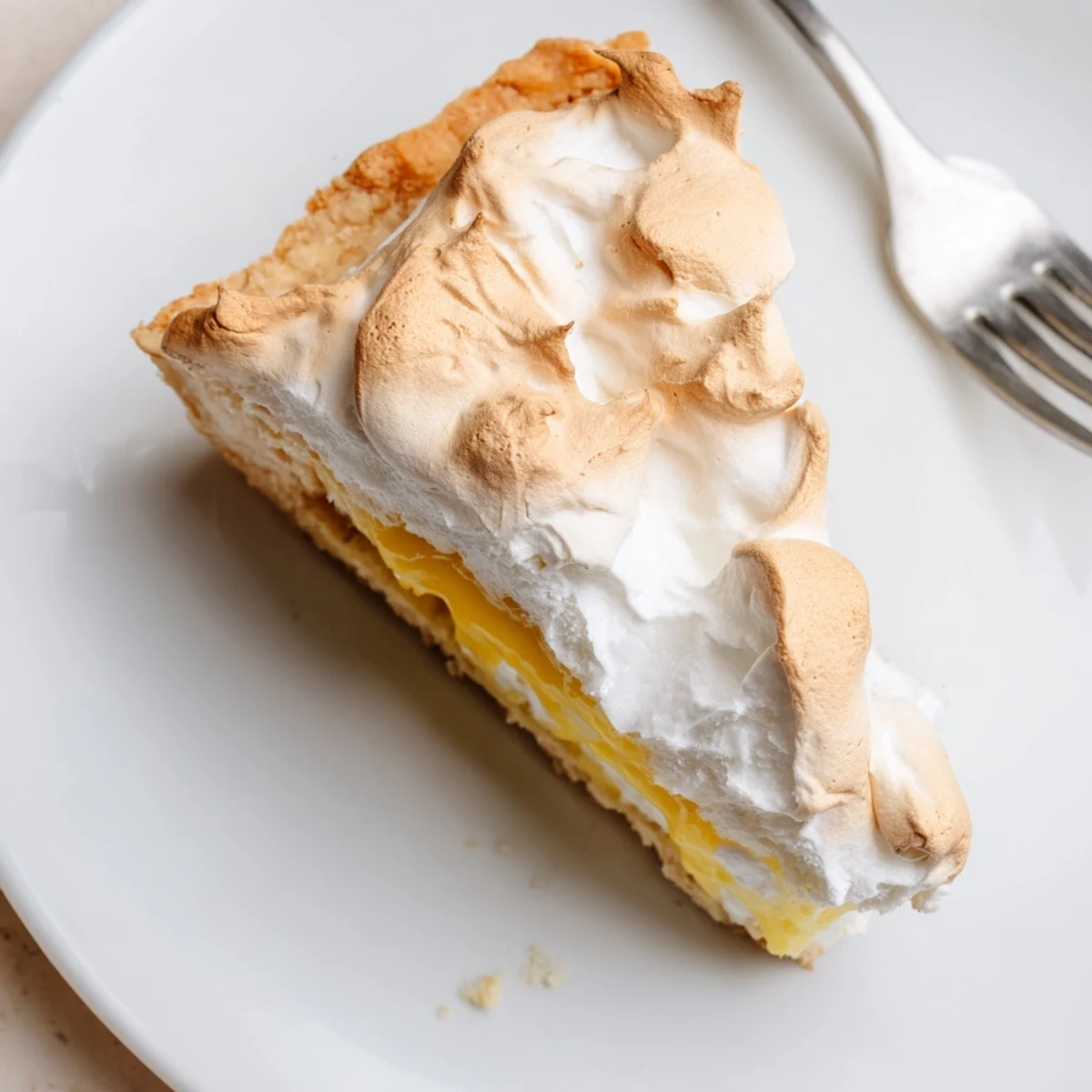 A slice of Lemon Meringue Pie reveals the tart lemon filling encased by fluffy, sweet meringue.