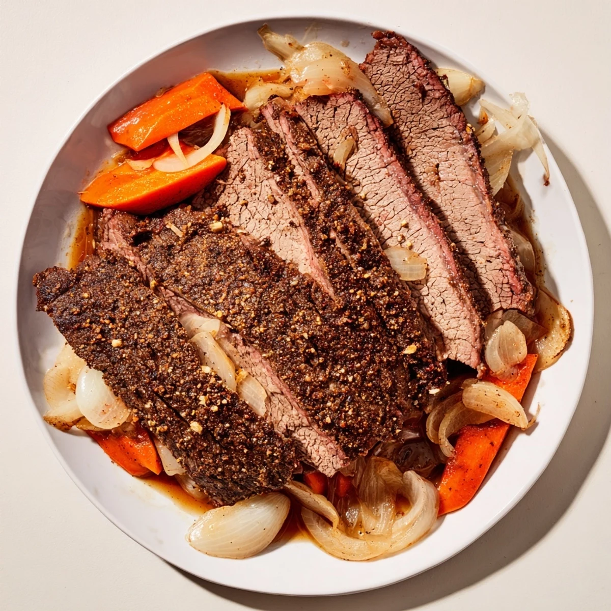 Juicy, slow-cooked beef brisket, showcasing a tender, fall-apart texture and rich, savory flavors.