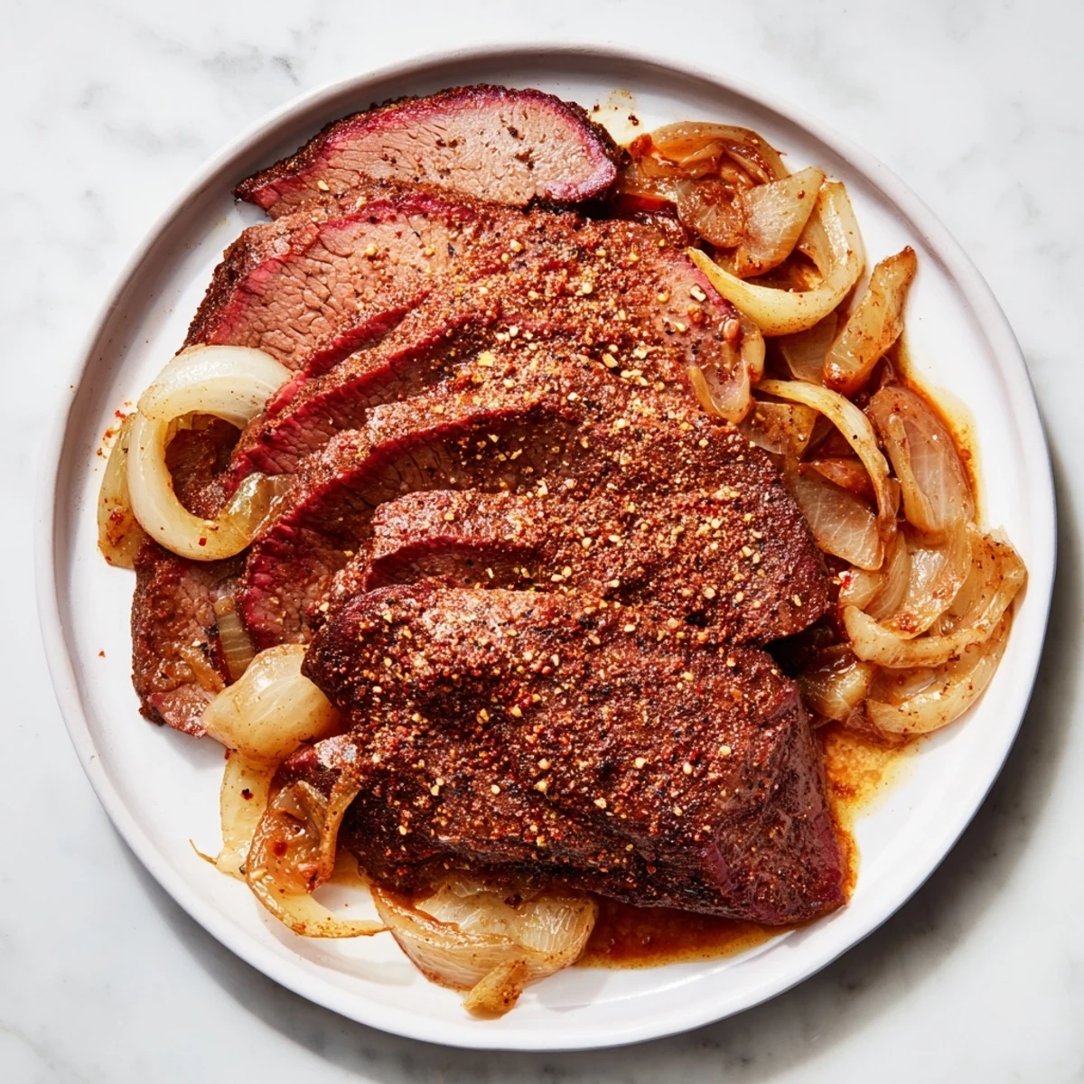 A close-up of a flavorful American beef brisket, ready to be sliced for serving with side dishes.