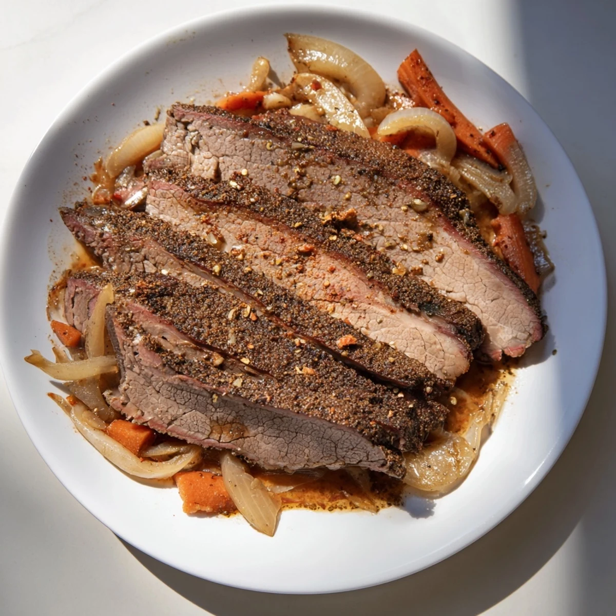 Tender, braised beef brisket with a dark crust, resting on vegetables in a roasting pan.