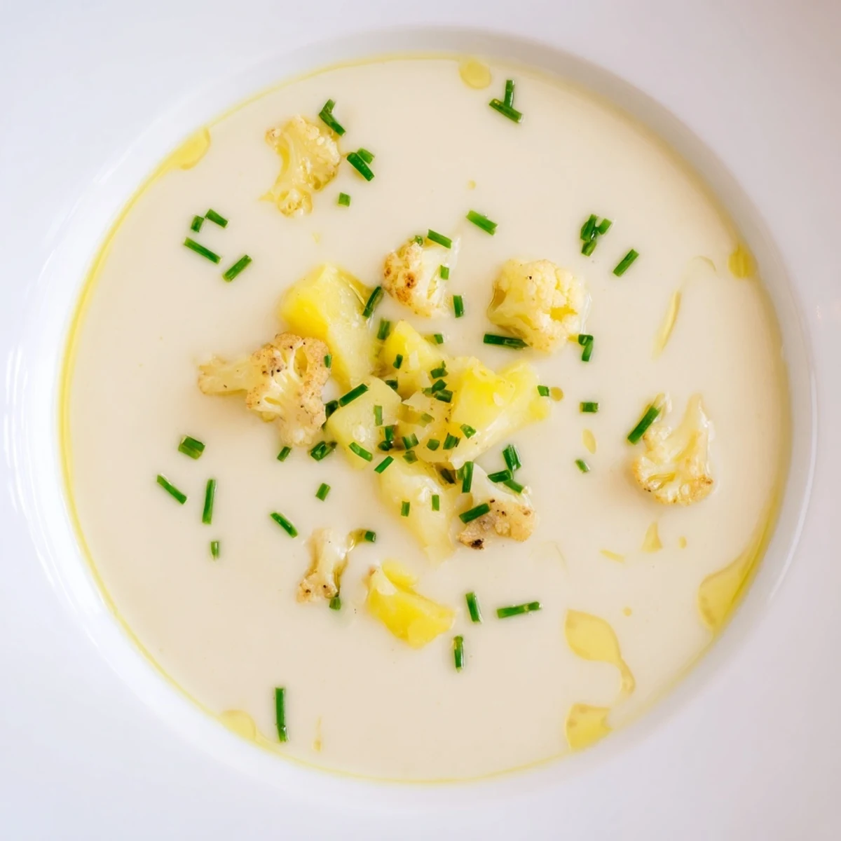 Close-up of a steaming bowl of creamy cauliflower and truffle soup, a perfect elegant starter.