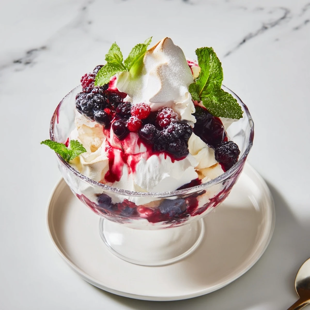 Delectable Winter Berry Eton Mess, a colorful and refreshing British dessert, ready to serve.