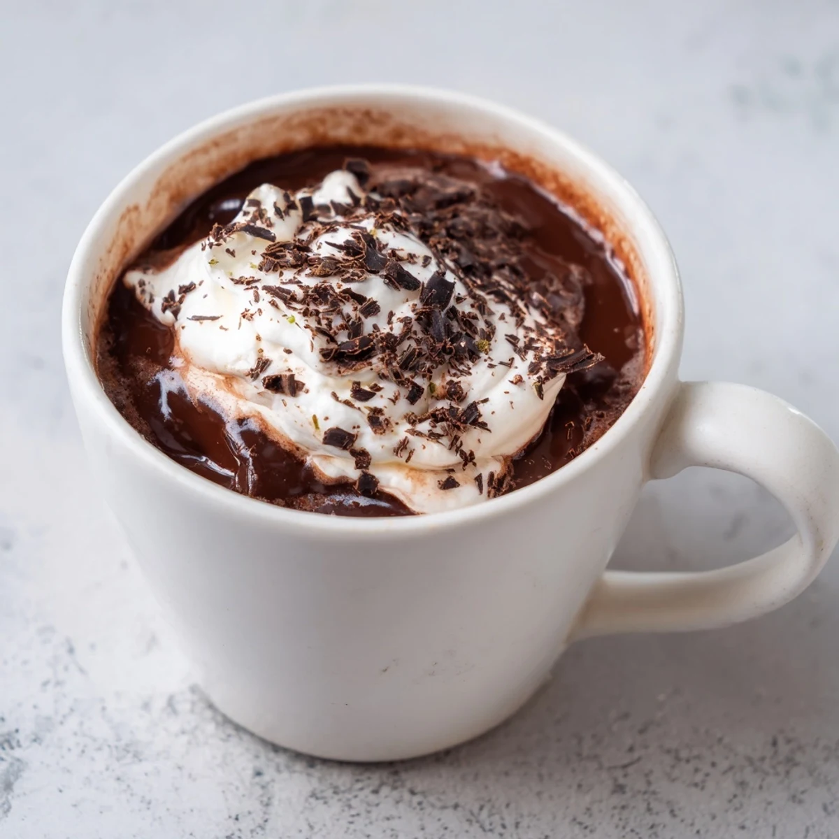 Steaming mug of rich Spiced Hot Chocolate with cardamom, topped with whipped cream and chocolate shavings.