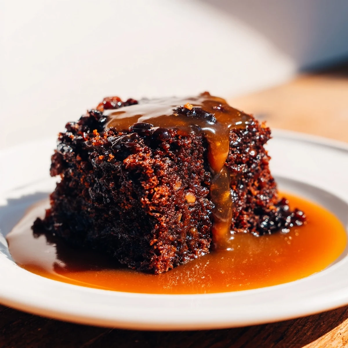 A close-up of a square of Sticky Date Pudding generously drizzled with rich, flowing toffee sauce.