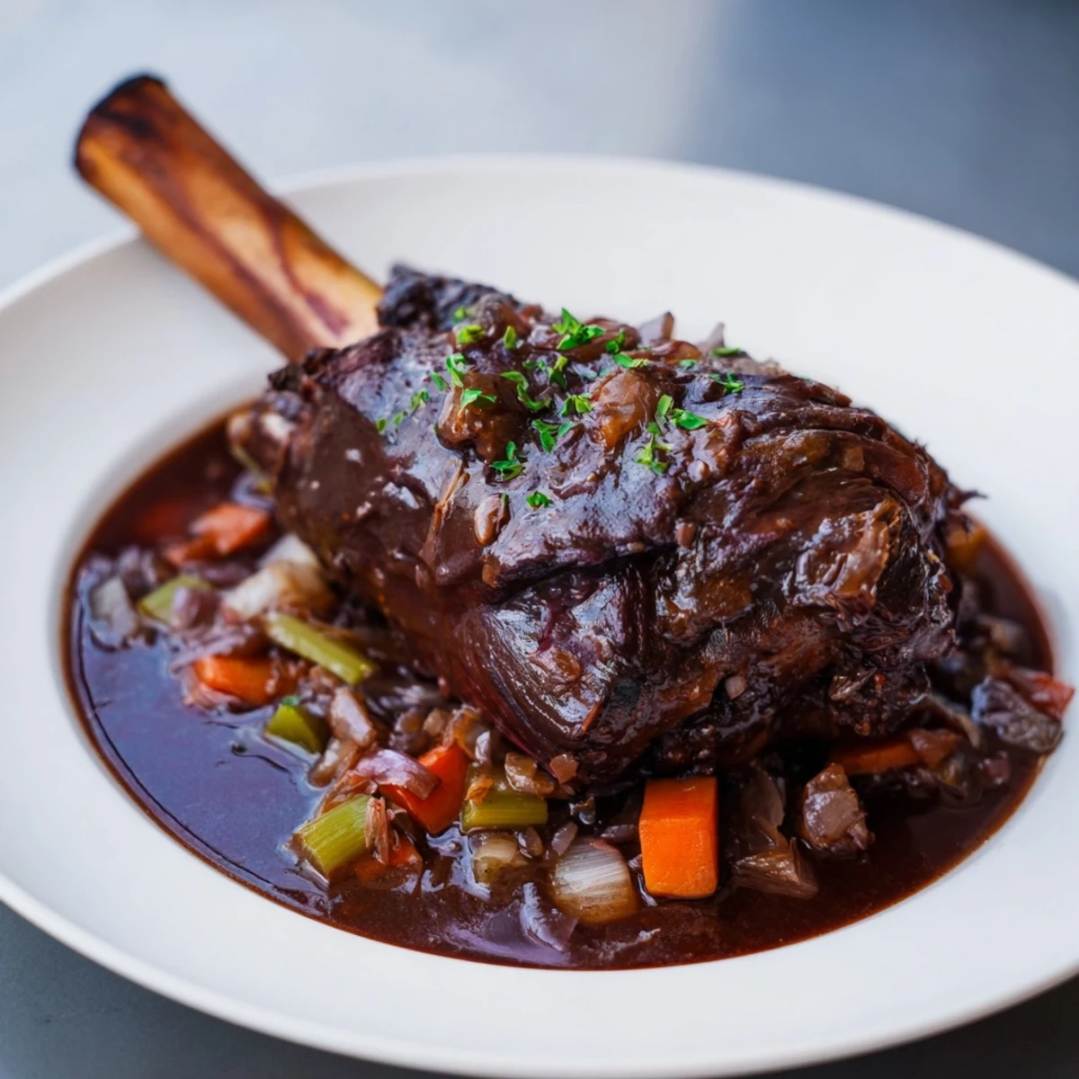 Enjoy a close-up of slow-cooked, juicy Braised Lamb Shanks with Rosemary in a Dutch oven.