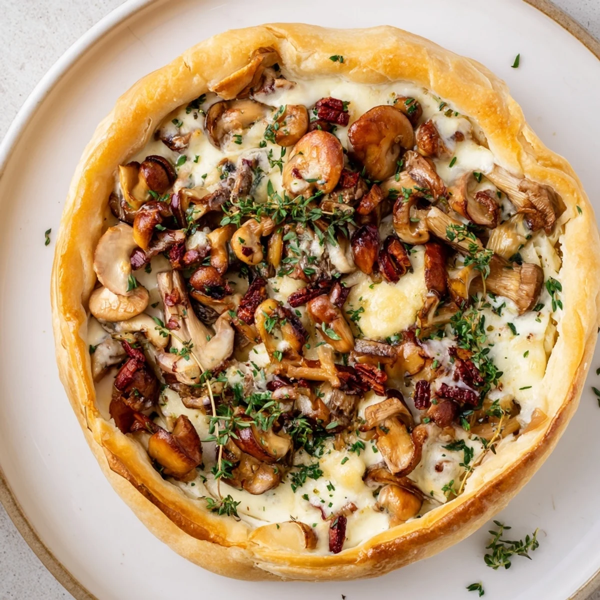 Golden-crusted Savory Mushroom and Chestnut Tart, filled with earthy mushrooms, ready to eat.