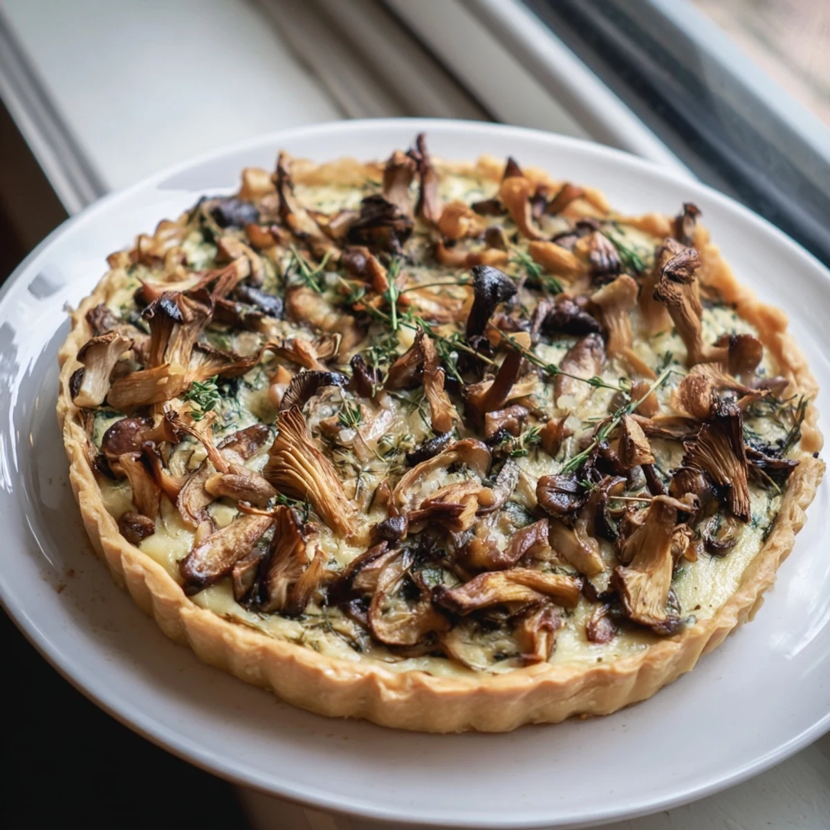 A beautiful, flaky Savory Mushroom and Chestnut Tart with a creamy, cheesy filling, served warm.
