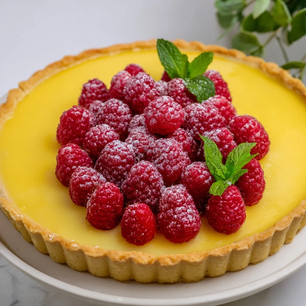 Golden-baked Lemon Tart with Raspberries, a beautiful dessert with a creamy filling and vibrant berries.