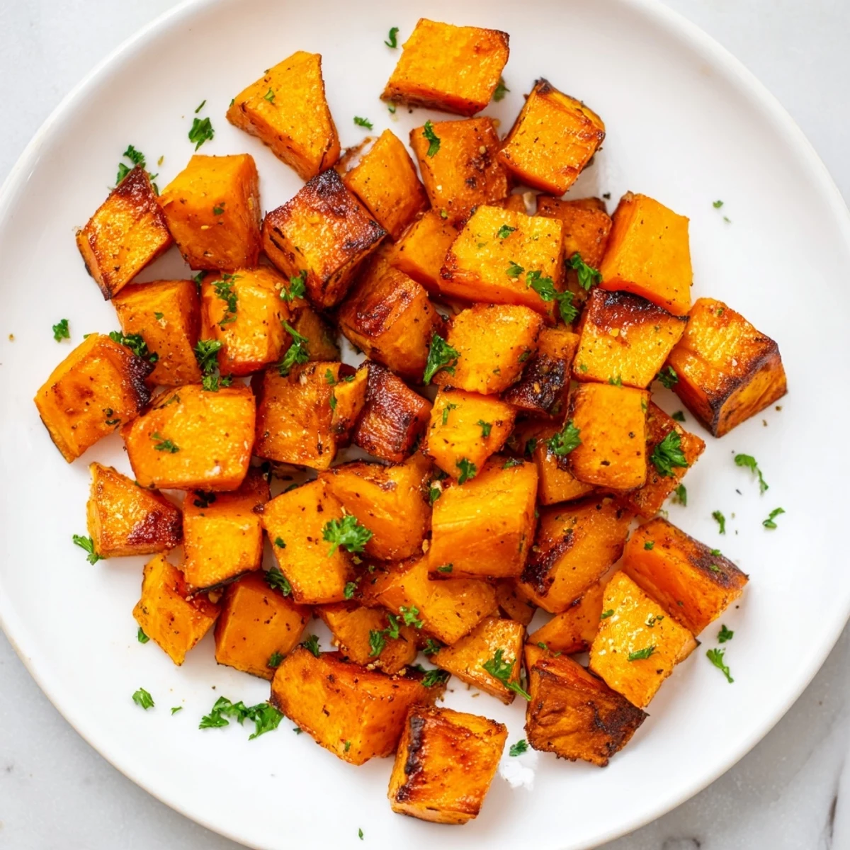 Close-up of vibrant, flavorful roasted sweet potatoes, a healthy and delightful American side.