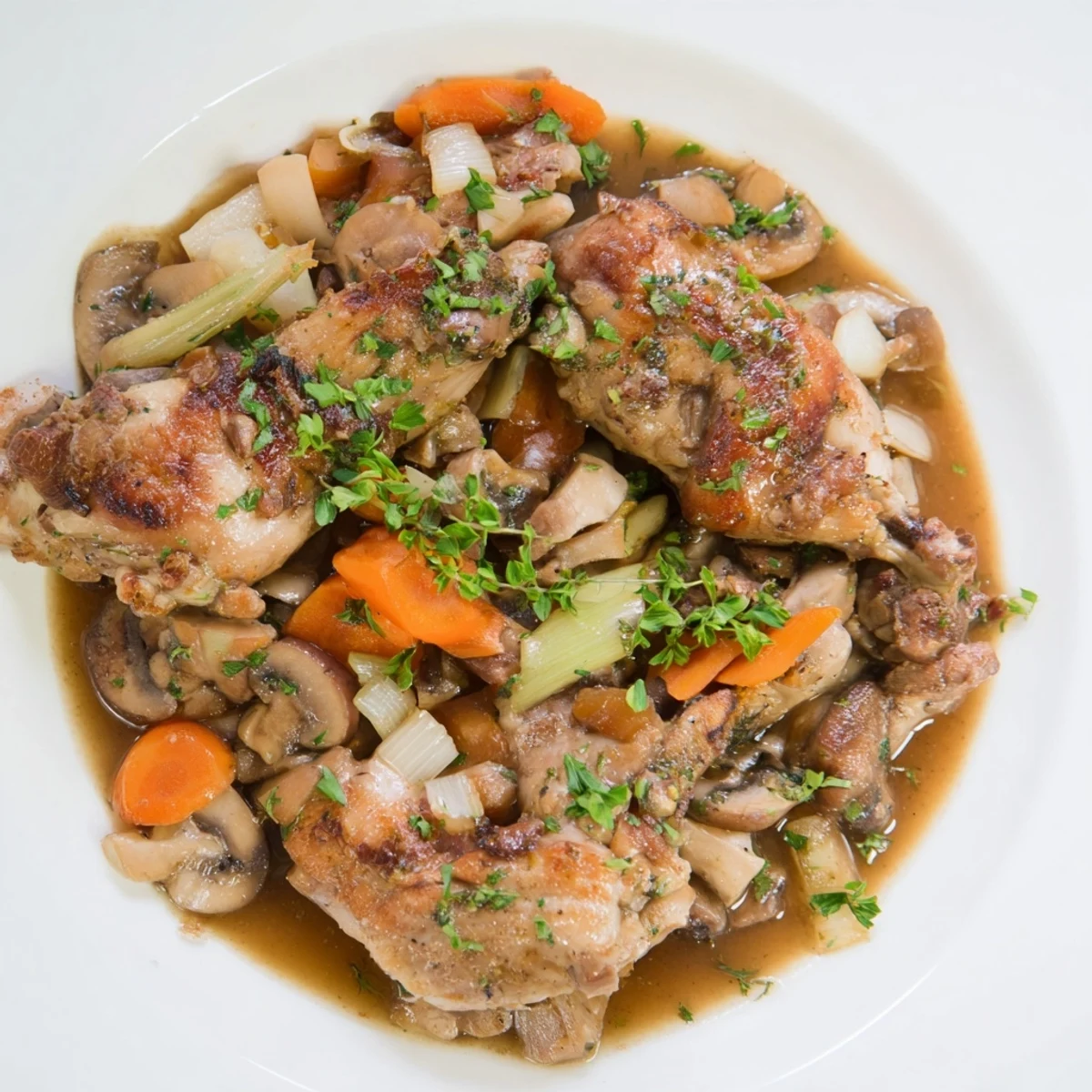 A bowl filled with braised rabbit stew, showcasing the comforting aroma of herbs and tender meat.