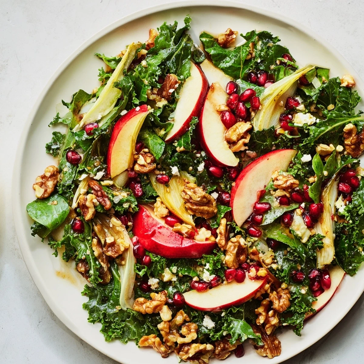 Homemade Winter Salad with Pomegranate, ready to enjoy with a zesty citrus dressing.
